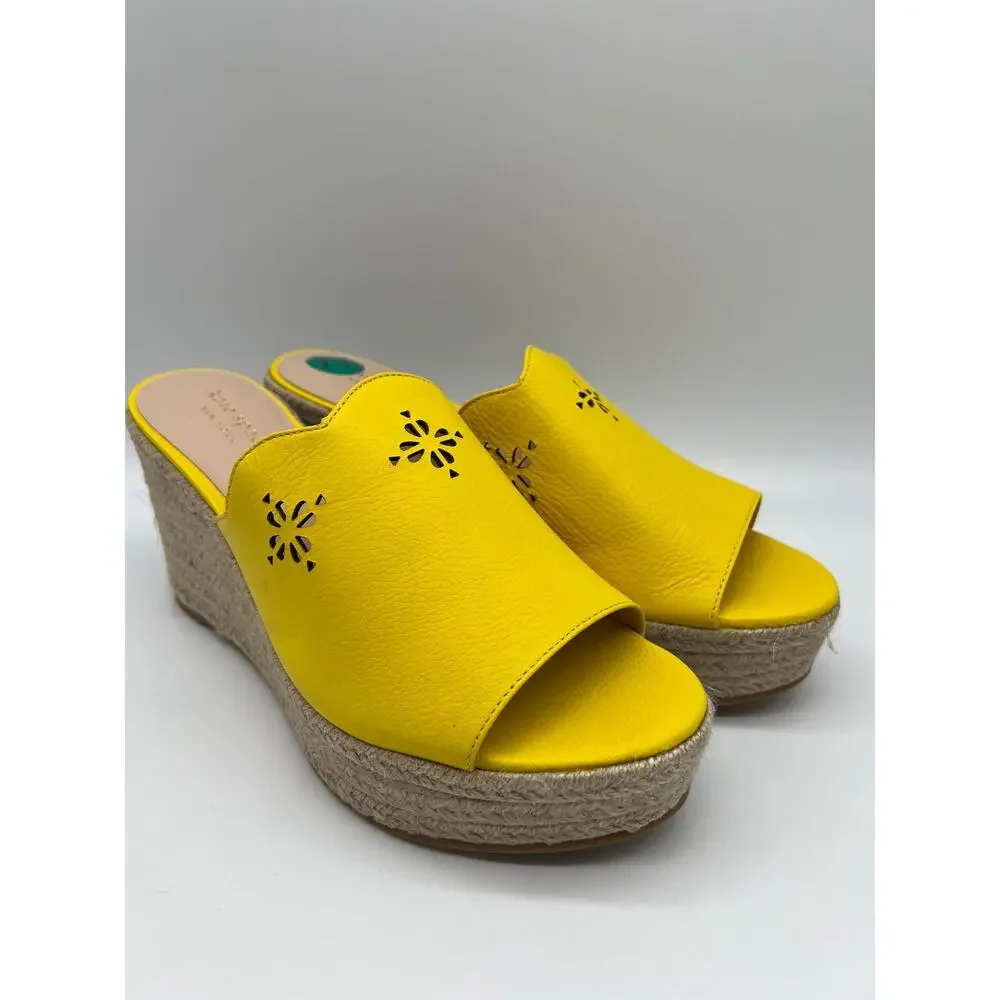 Kate Spade Tenley Espadrille Wedge Mule Sandal Yellow Leather S8311001 Size 7.5